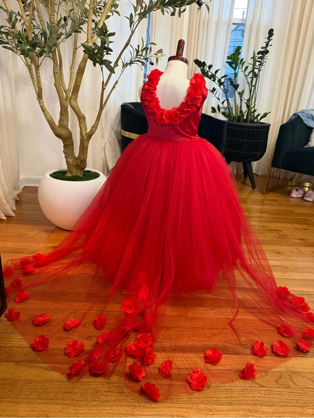 Red Floral Tulle Ball Dress with Petal Train
